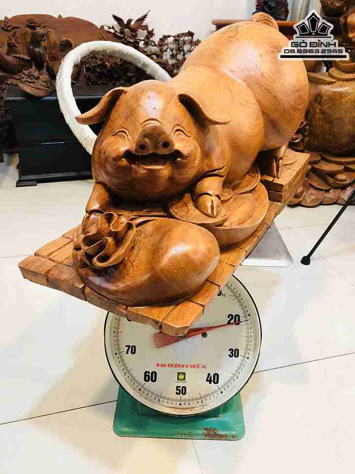Tượng Heo Phú Quý Gỗ Hương  Ngang 60 Sâu 28 Cao 35 (cm)