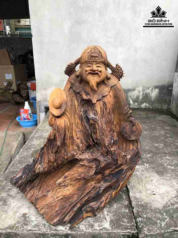 Tượng Thần Tài Gỗ Lũa Bách Xanh  Cao 59 Ngang 50 Sâu 22 (cm)