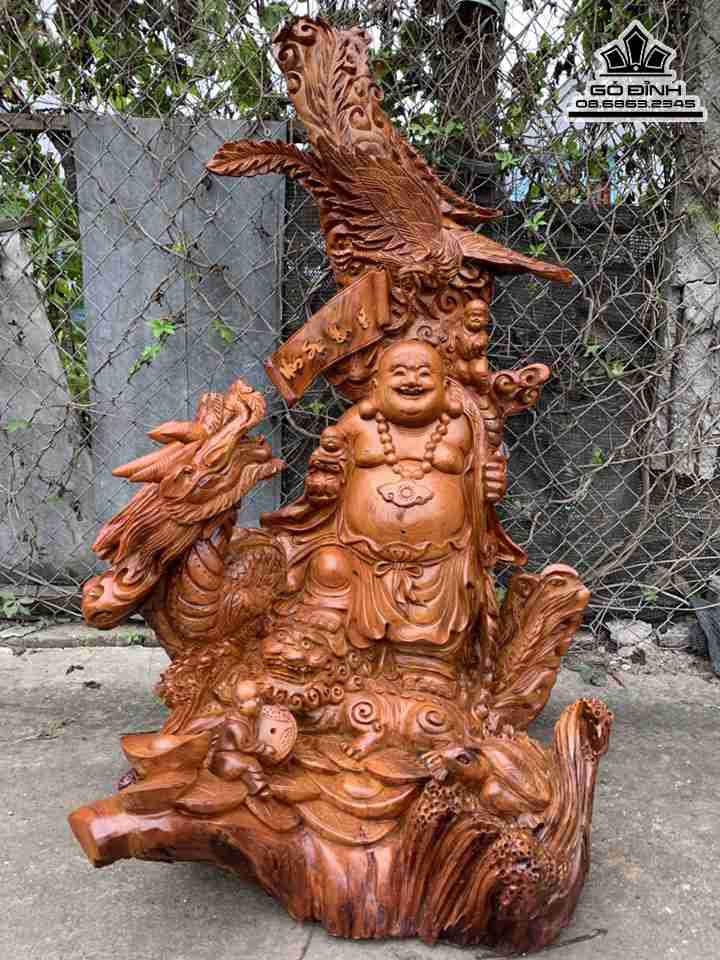 Tượng Phật Di Lặc Tứ Linh Gỗ Hương  Cao 118 Rộng 65 Sâu 41 (cm)