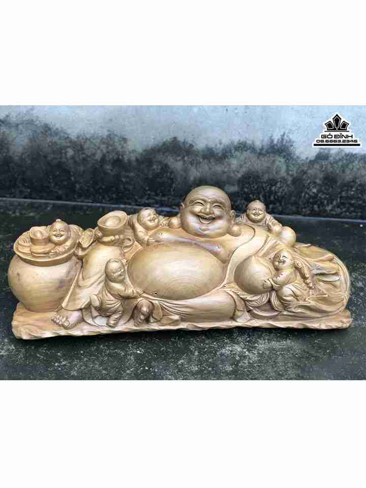 Tượng Phật Di Lặc Ngũ Phúc Gỗ Bách Xanh  Cao 23 Ngang 62 Sâu 19 (cm)