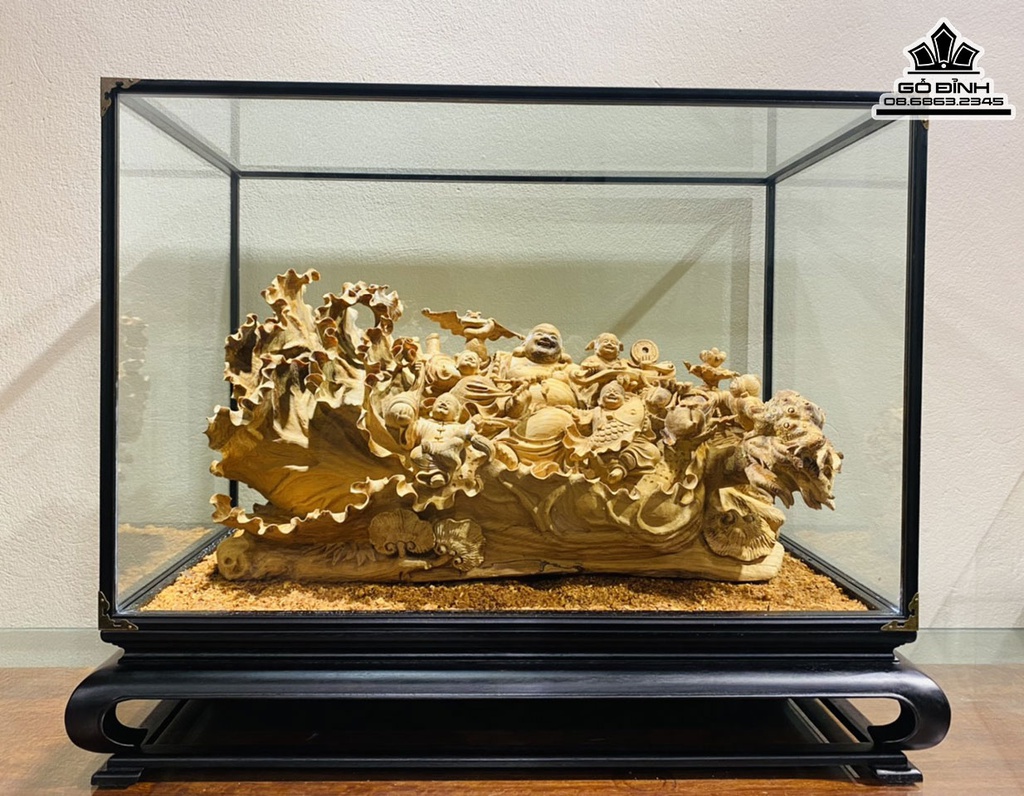 Tượng Phật Di Lặc Ngũ Phúc Gỗ Hoàng Đàn Cao 52 Ngang 66 Sâu 39 (cm)