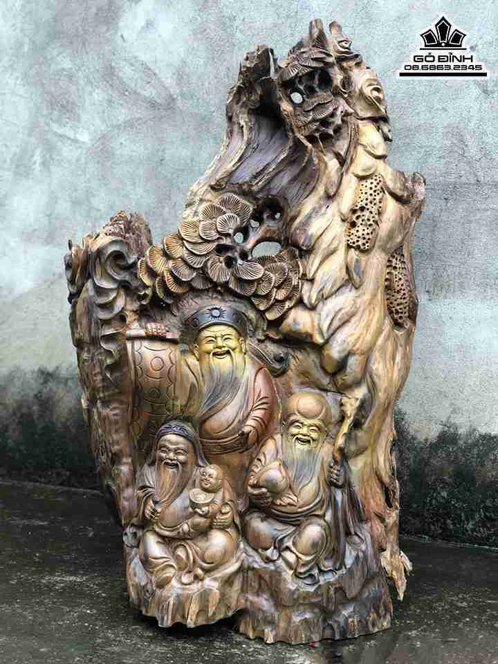 Tượng Tam Đa Phúc Lộc Thọ Gỗ Bách Xanh  Cao 79 Ngang 43 Sâu 38 (cm)