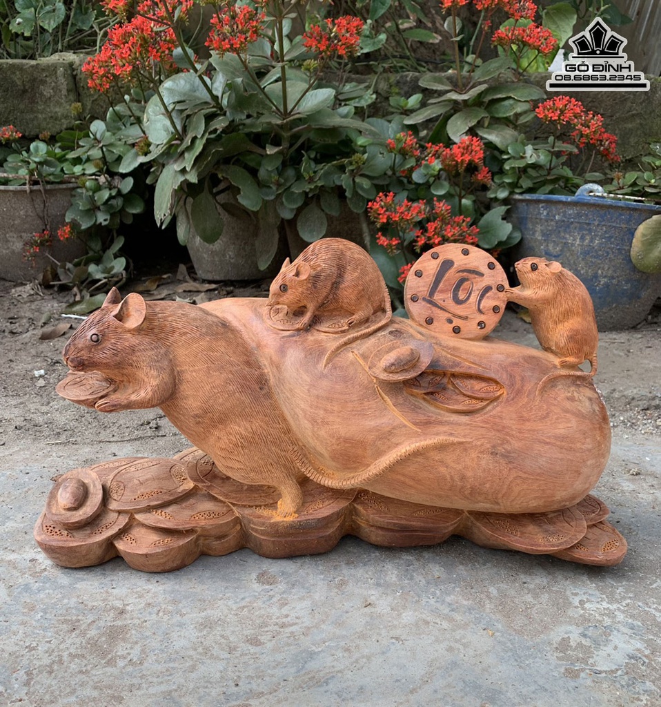 Tượng Chuột Tài Lộc Gỗ Hương Cao 25 Ngang 45 Sâu 20 (cm)