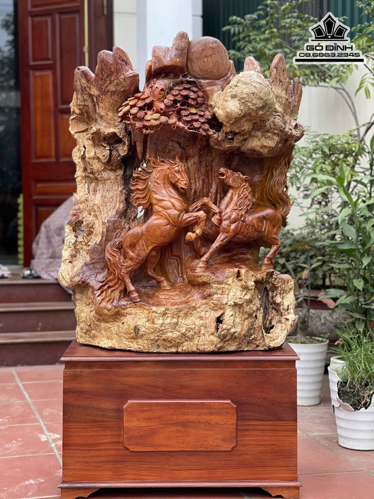 Tượng Ngựa (Song Mã Uyên Ương) Gỗ Hương Cao Cả Kỷ 147 Ngang 83 Sâu 35(cm)