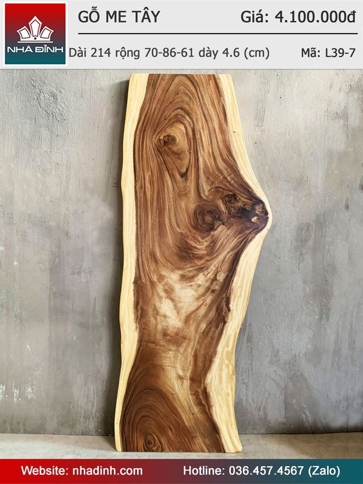 Mặt Bàn Gỗ Me Tây Nguyên Khối Dài 214 Rộng 70-86-61 Dày 4,6 (cm)