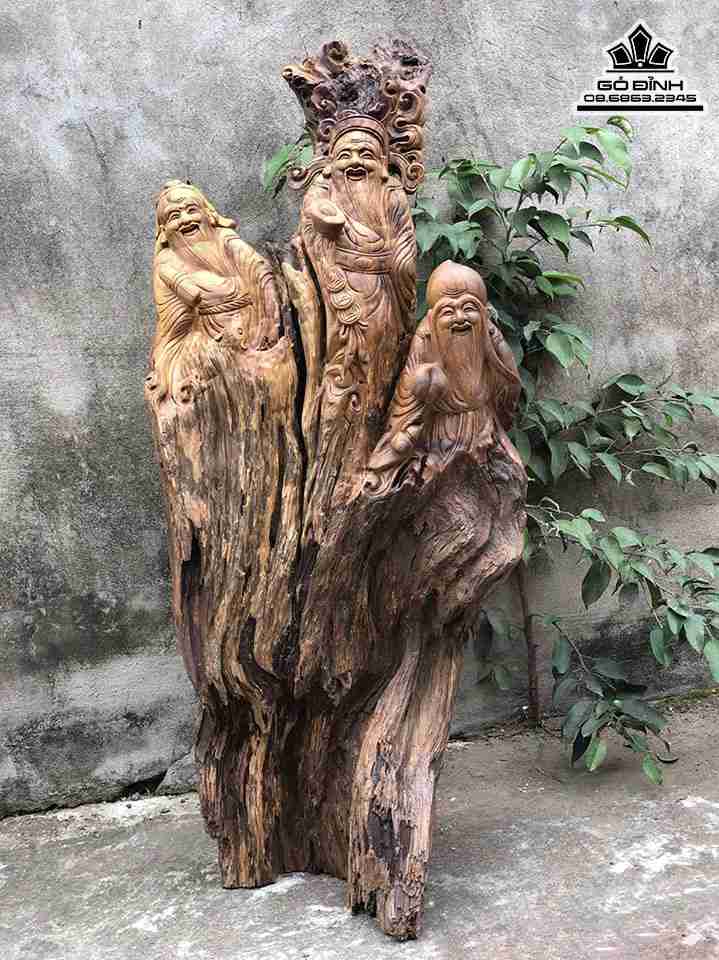 Tượng Tam Đa Phúc Lộc Thọ Gỗ Lũa Bách Xanh  Cao 83 Ngang 36 Sâu 22 (cm)