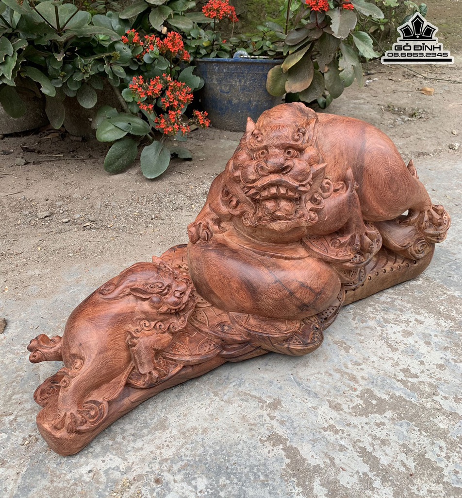 Tượng Nghê Mẫu Tử Gỗ Hương Cao 30 Ngang 60 Sâu 25 (cm)