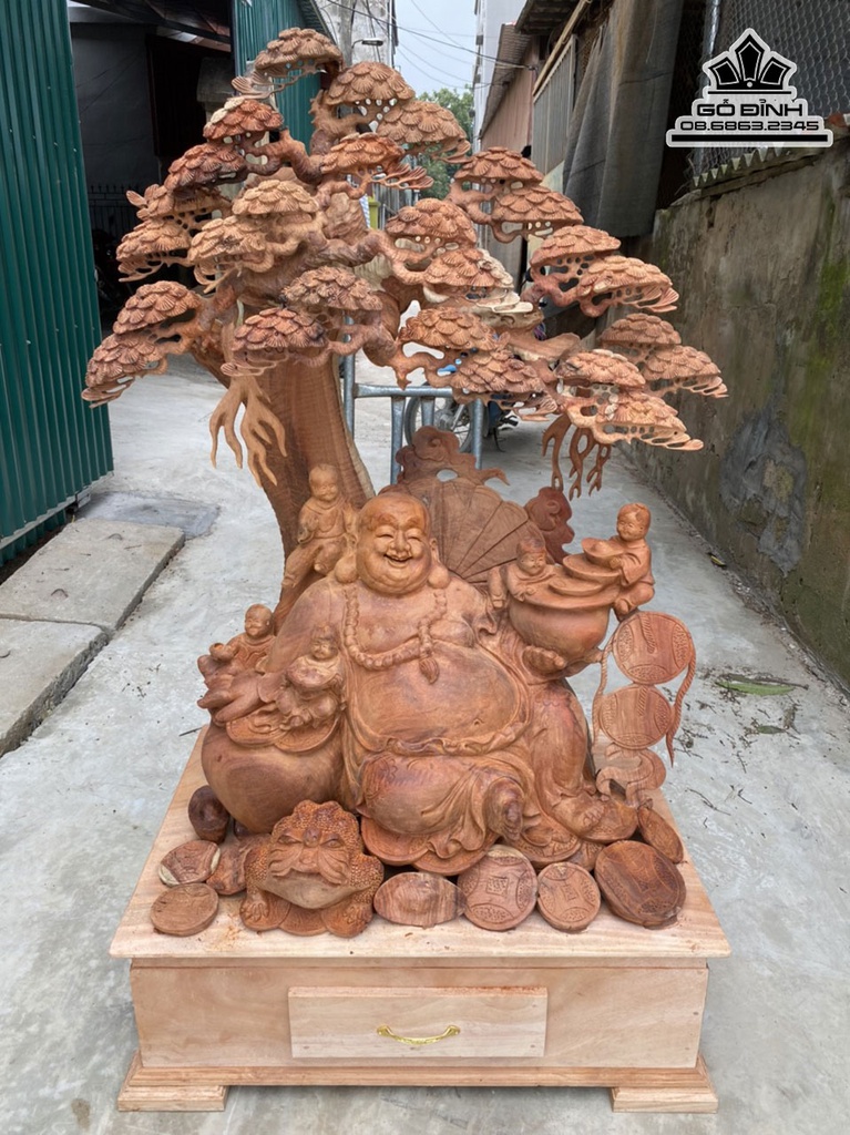 Tượng Phật Di Lặc Ngũ Phúc Ngồi Gốc Tùng Gỗ Hương Cao 161 Ngang 108 Sâu 68 (cm)