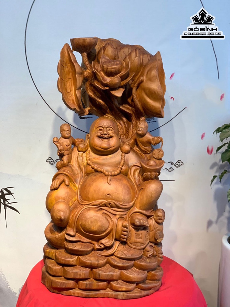 Tượng Phật Di Lặc Tam Phúc Lá Sen Gỗ Ngọc Am Cao 85 Ngang 42 Sâu 25 (cm)