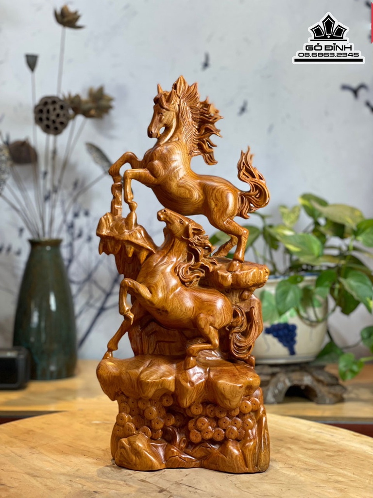 Tượng Ngựa Song Mã Uyên Ương Gỗ Hương Đá Cao 50 Ngang 23 Sâu 12 (cm)