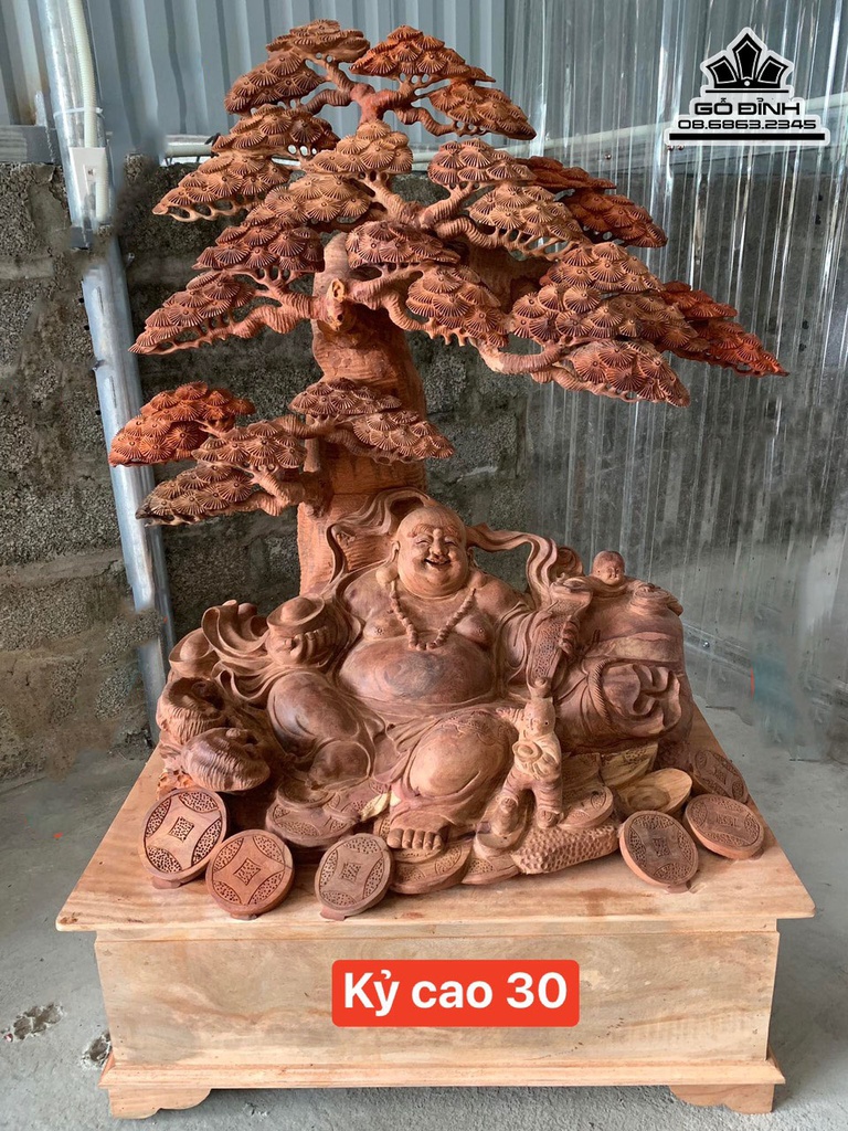 Tượng Phật Di Lặc Ngồi Gốc Tùng Gỗ Hương Cao Cả Kỷ 126 Ngang 87 Sâu 56 (cm)