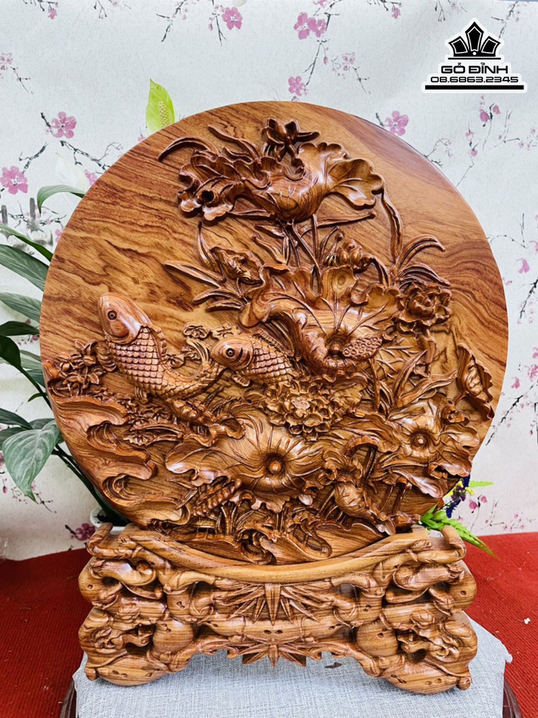 Tranh Gỗ Đĩa Sen Cá Gỗ Hương Cao 52 Đường Kính 40