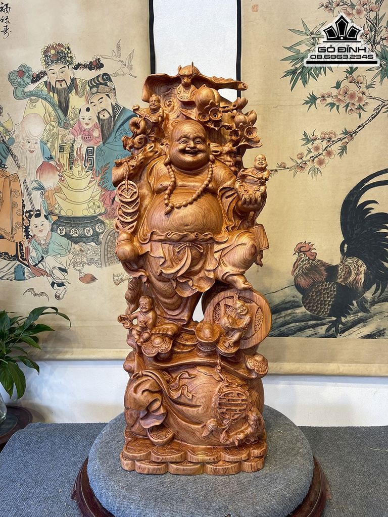 Tượng Phật Di Lặc Vác Cành Đào Gỗ Hương Đá Cao 79 Ngang 29 Sâu 19 (cm)