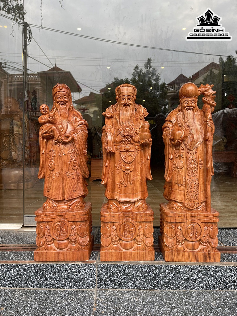 Tượng Phúc Lộc Thọ (Tam Đa) Gỗ Hương Đá Cao 60 Ngang 18 Sâu 14 (cm)