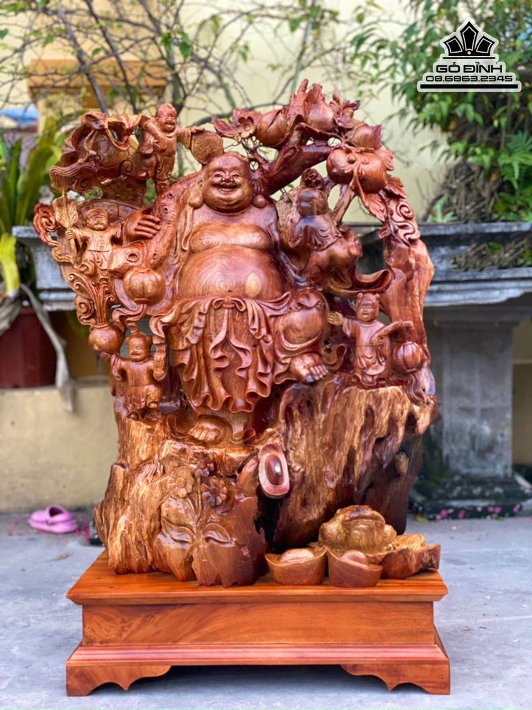 Tượng Phật Di Lặc Vác Cành Đào Gỗ Hương Cao 83 Ngang 66 Sâu 35 (cm)