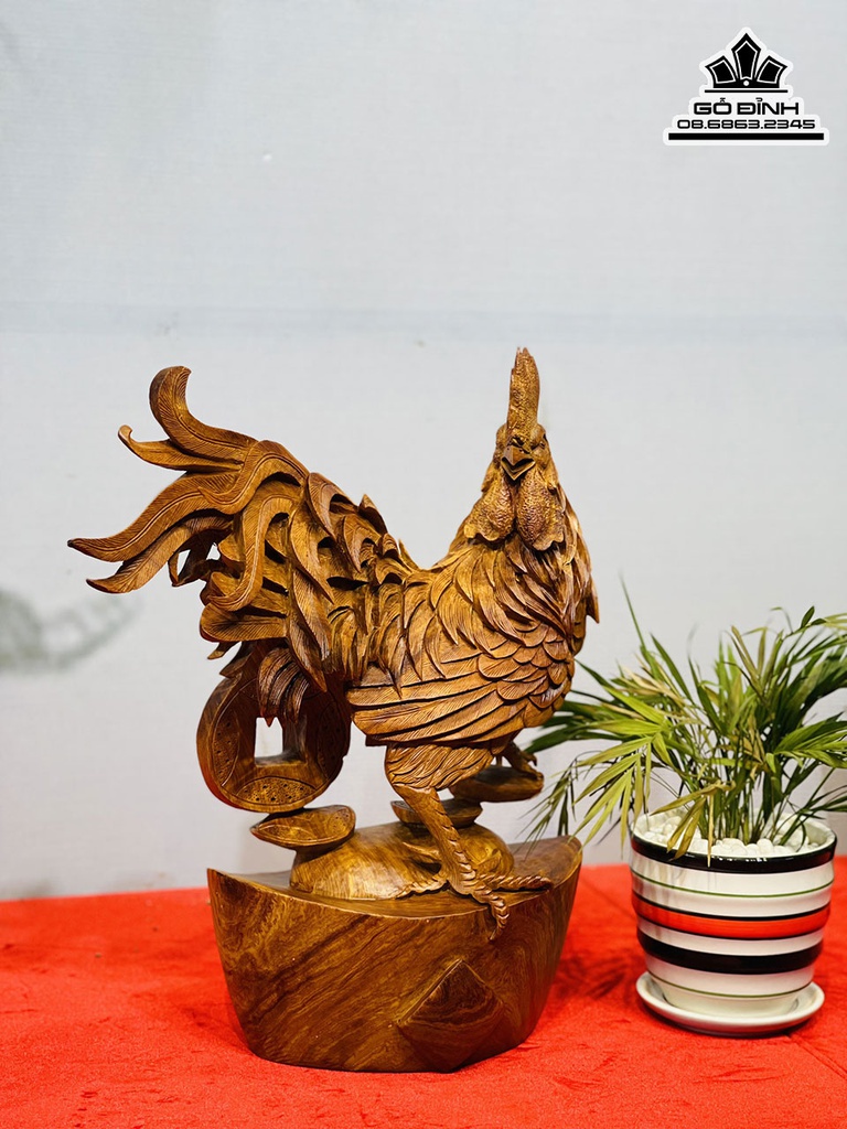 Tượng Gà Trống Gỗ Hương Cao 38 Ngang 32 Sâu 13 (cm)
