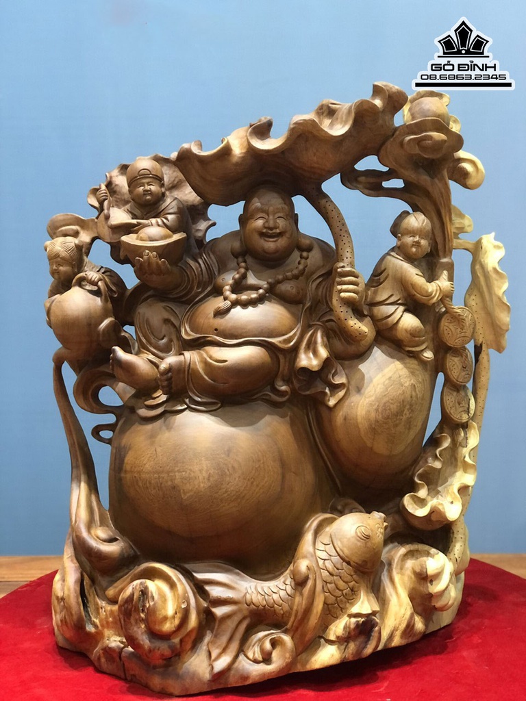 Tượng Phật Di Lặc Tam Phúc Ngồi Hồ Lô Gỗ Hương Cao 64 Ngang 50 Sâu 31 (cm)