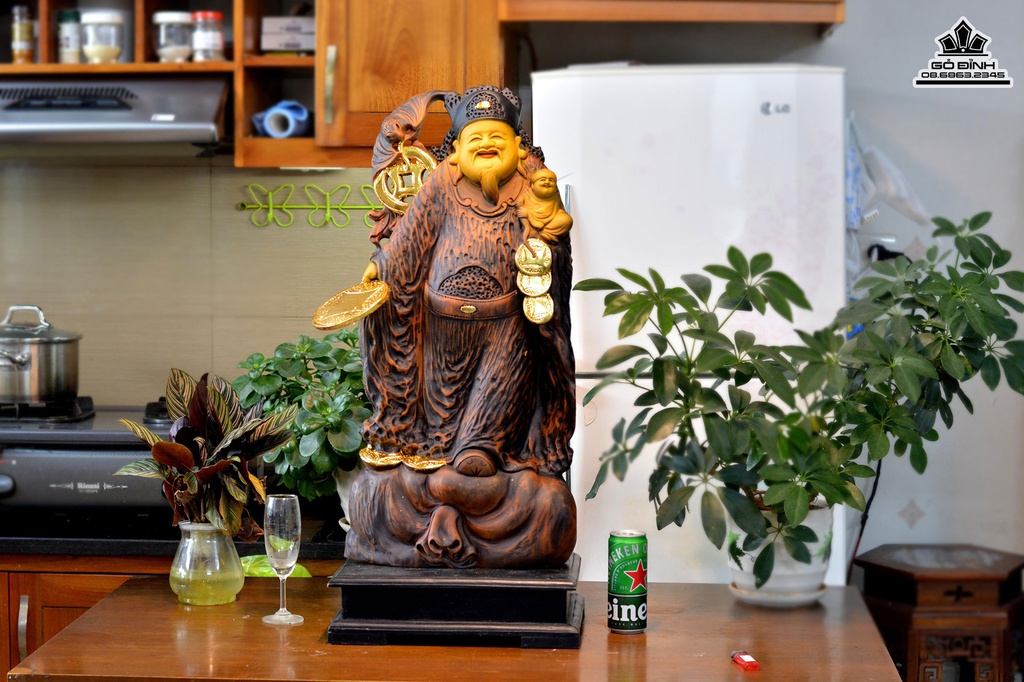 Tượng Thần Tài Gỗ Bách Xanh Cao 82 Ngang 33 Sâu 11 (cm)