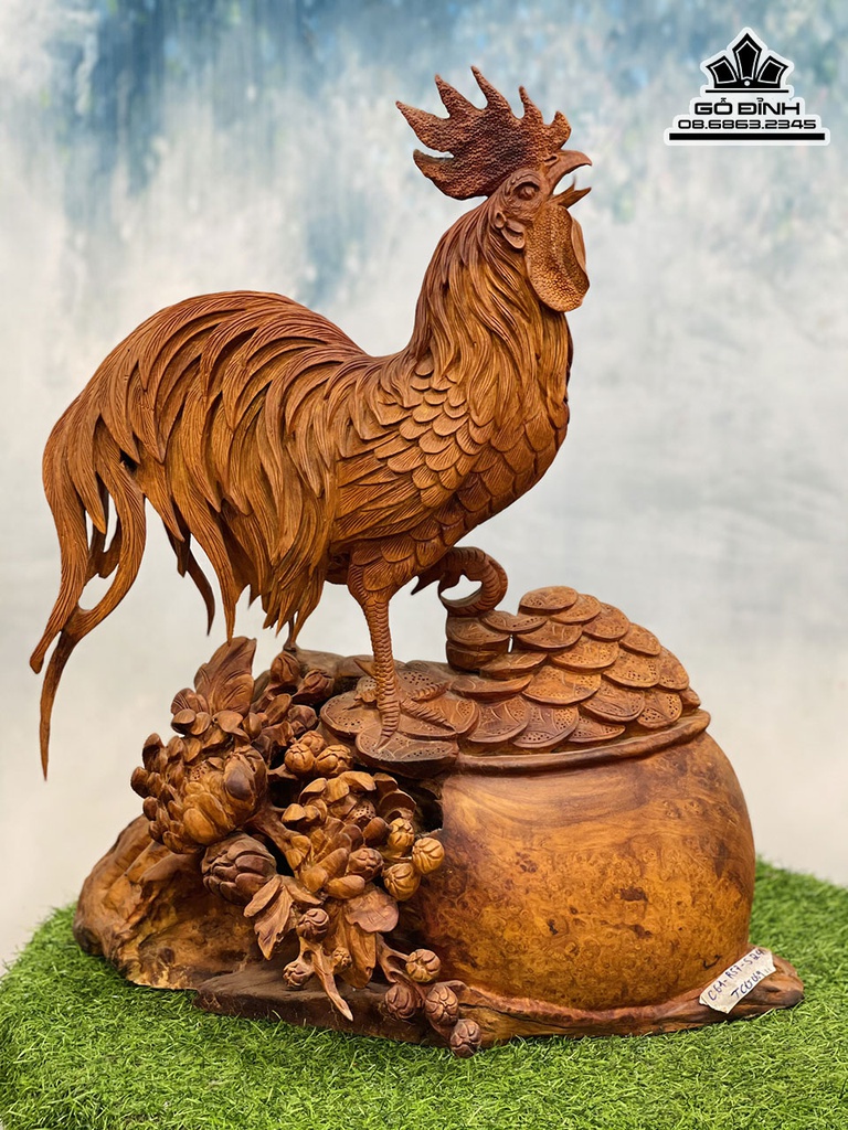 Tượng Gà Trống Gỗ Hương Cao 61 Ngang 57 Sâu 24 (cm)