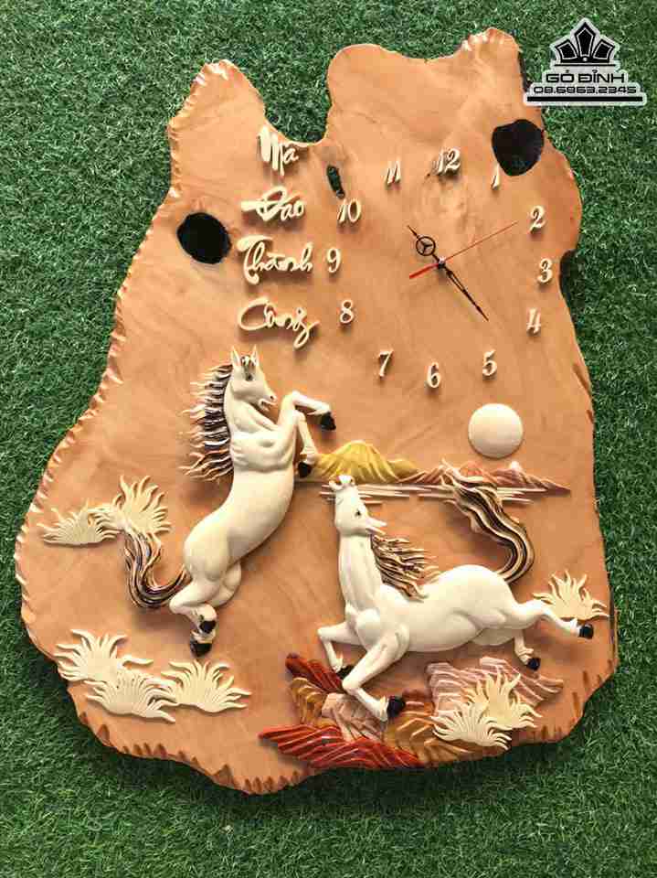 Đồng Hồ Song Mã Gỗ Trai  Cao 80 Rộng 65 (cm)