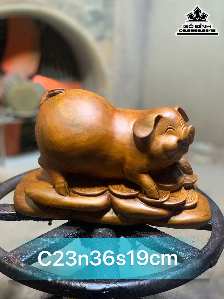 Tượng Heo Gỗ Ngọc Am Cao 23 Ngang 36 Sâu 19 (cm)