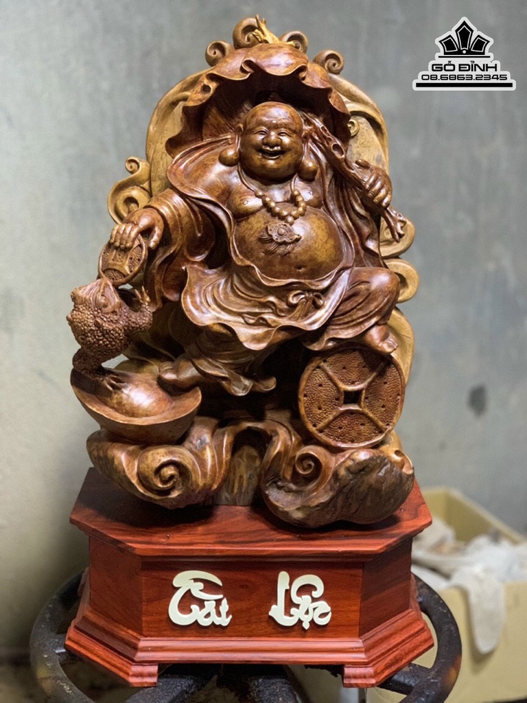 Tượng Di Lặc Gỗ Ngọc Am Cao 50 Ngang 34 Sâu 20 Cả Kỷ 65 (cm)