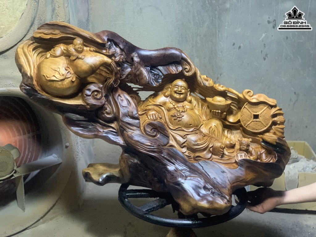 Tượng Di Lặc Nhị Phúc Gỗ Ngọc Am Liền Khối Cao 60 Ngang 95 Sâu 40 (cm)