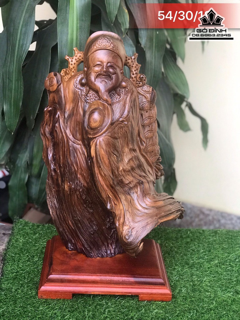Tượng Thần Tài Gỗ Bách Xanh Cao 54 Ngang 30 Sâu 18 (cm)