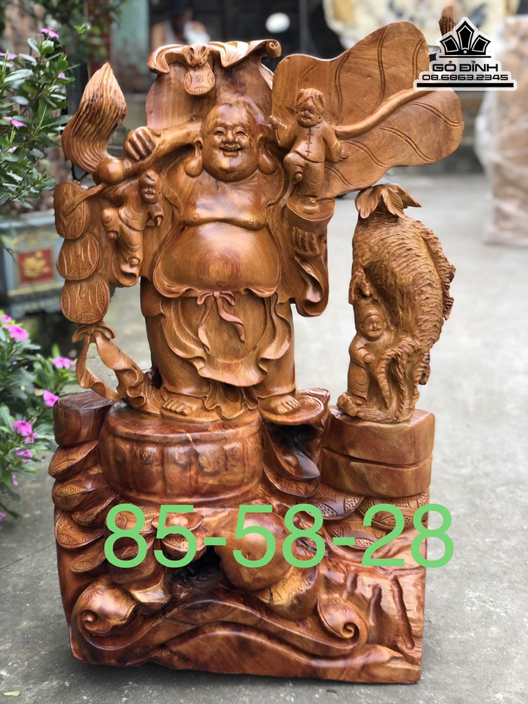 Tượng Di Lặc Vác Quạt Ba Tiêu Gỗ Hương Gia Lai Cao 85 Ngang 58 Sâu 28 (cm)