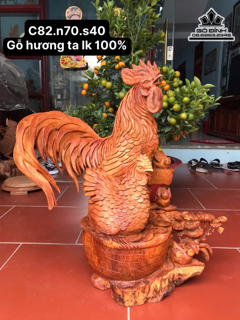 Gia Đình Gà Gỗ Hương Gia Lai Liền Khối Cao 82 Ngang 70 Sâu 40 (cm)