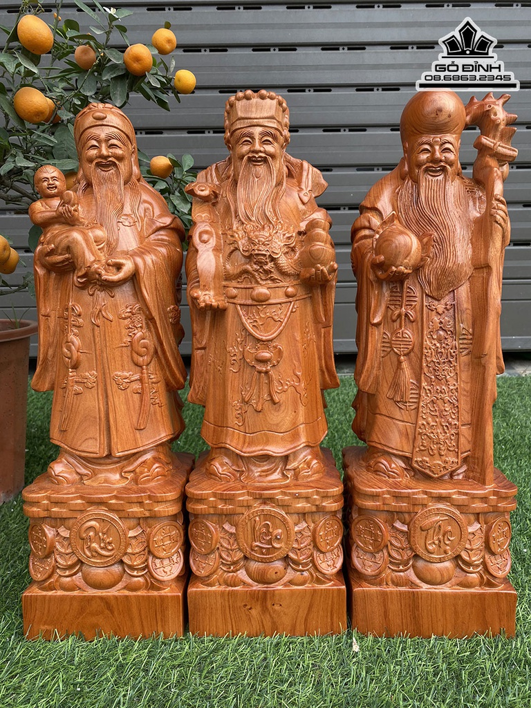 Tượng Phúc Lộc Thọ (Tam Đa) Gỗ Hương Cao 50 Ngang 14.5 Sâu 12 (cm)