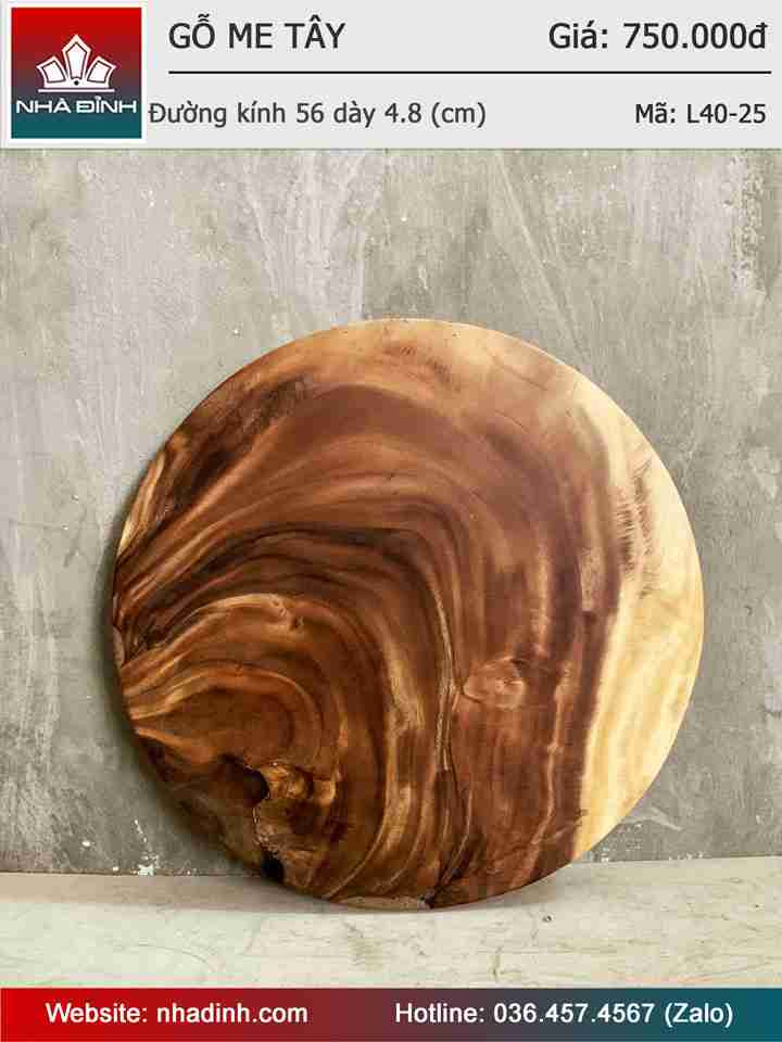 Mặt Bàn Tròn Gỗ Me Tây Nguyên Khối Đường Kính 56 Dày 4,8 (cm)