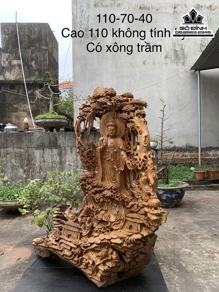 Tượng Nhất Tâm Bái Phật Gỗ Bạch Xanh Cao 110 Ngang 70 Sâu 40 (cm)