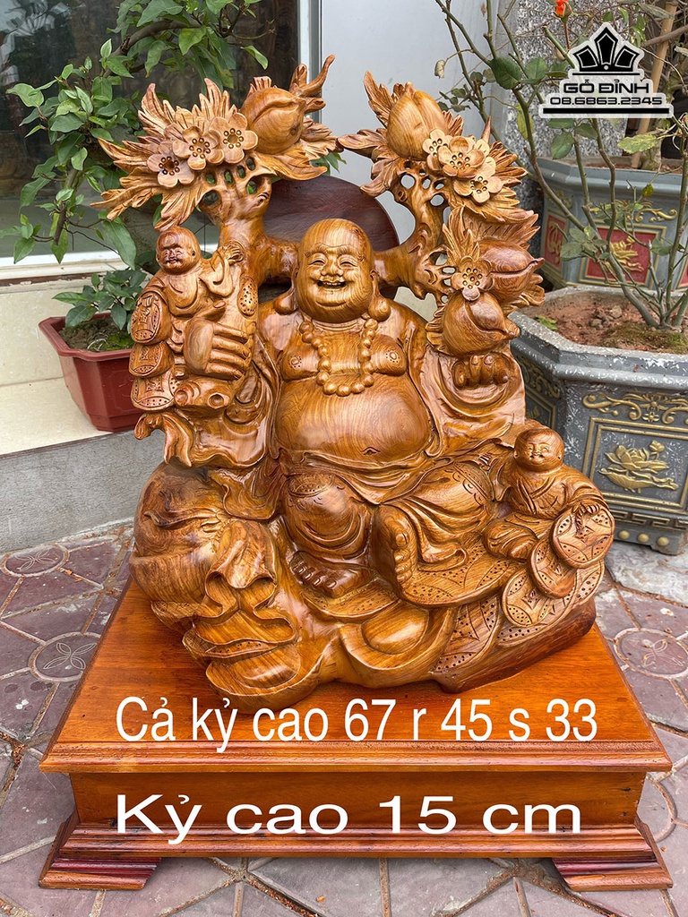 Tượng Di Lặc Vác Cành Đào Gỗ Hương Gia Lai Cao 67 Ngang 45 Sâu 33 (cm)