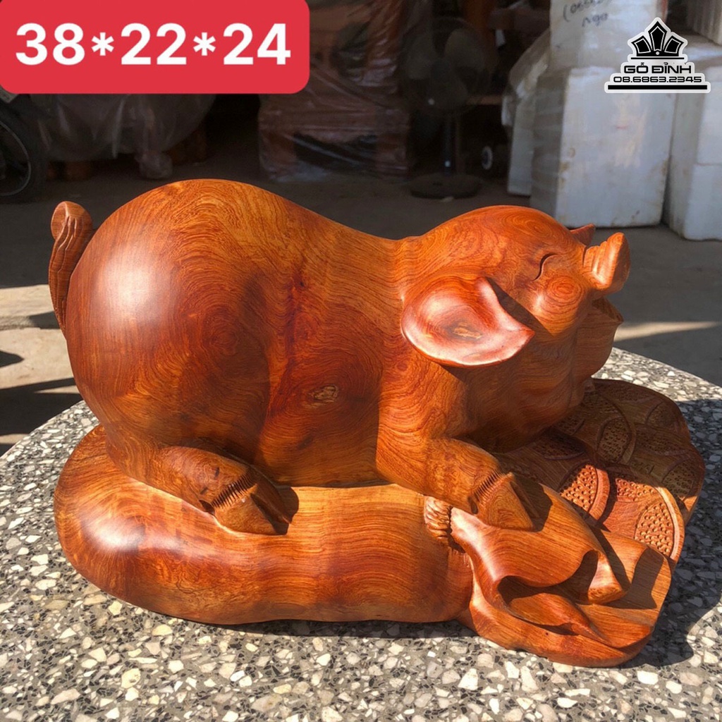 Tượng Heo Gỗ Hương Gia Lai Cao 22 Ngang 38 Sâu 24 (cm)