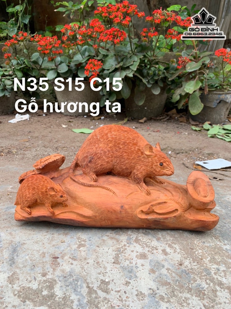 Tượng Chuột Mẫu Tử Gỗ Hương Việt Cao 15 Ngang 35 Sâu 18 (cm)