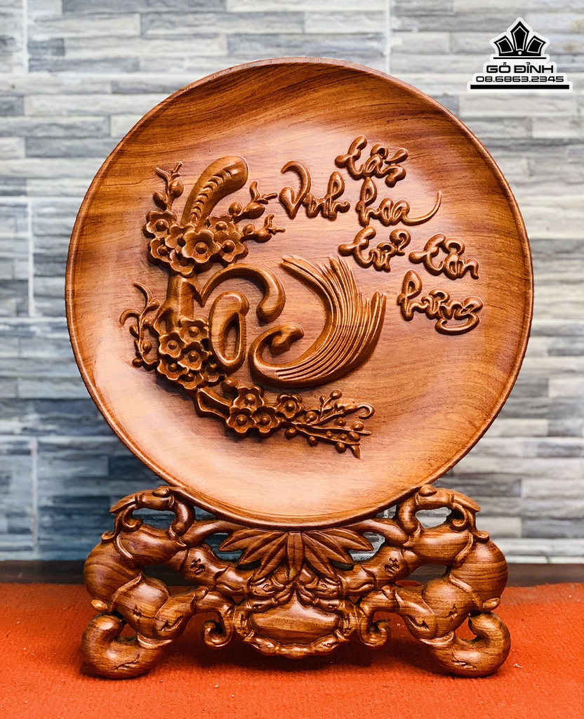 Đĩa Chữ Lộc Gỗ Hương Đá Cao 40 Đường Kính 30 (cm)