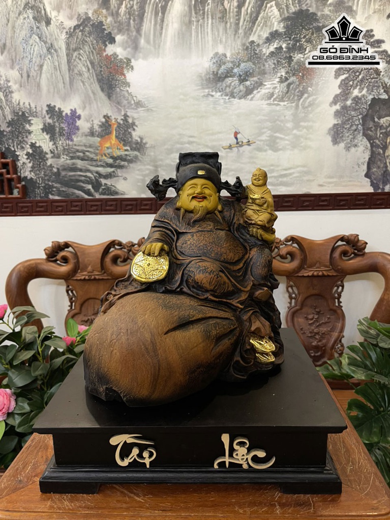 Tượng Thần Tài Gỗ Bách Xanh Liền Khối Cao 31 Ngang 26 Sâu 28 (cm)