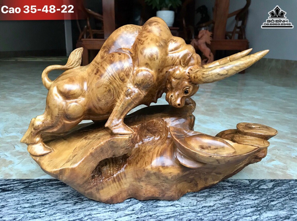 Tượng Bò Tót Gỗ Nu Kháo Cao 35 Ngang 48 Sâu 22 (cm)