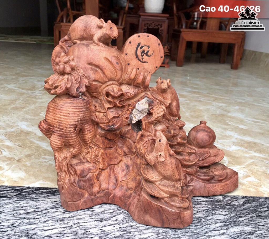 Tượng Gia Đình Chuột Gỗ Hương Cao 40 Ngang 46 Sâu 26 (cm)