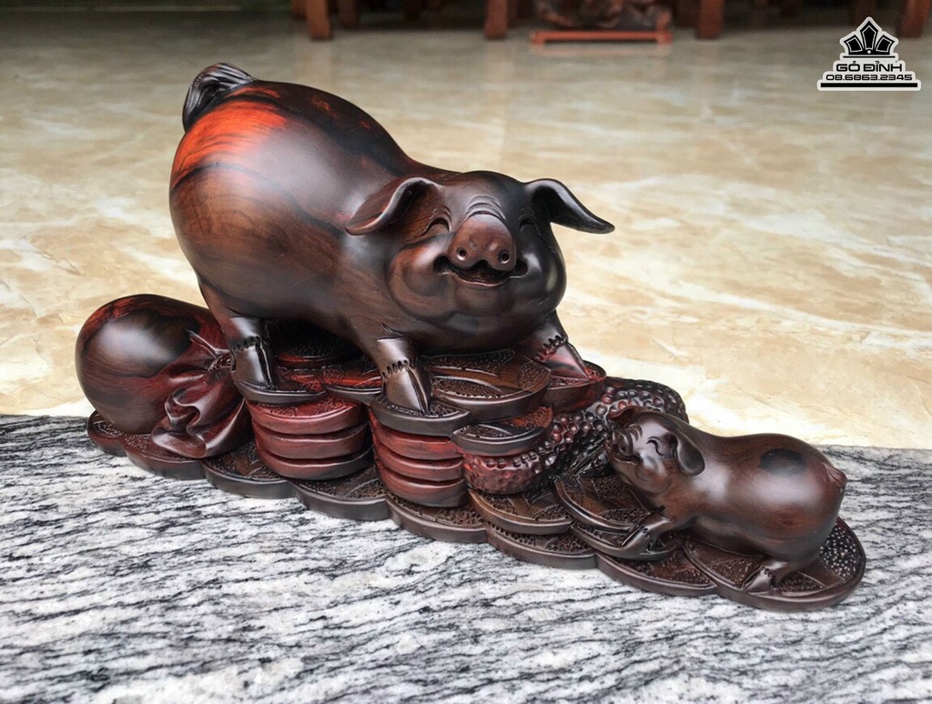 Tượng Heo Mẫu Tử Gỗ Trắc Cao 19 Ngang 36 Sâu 13 (cm)