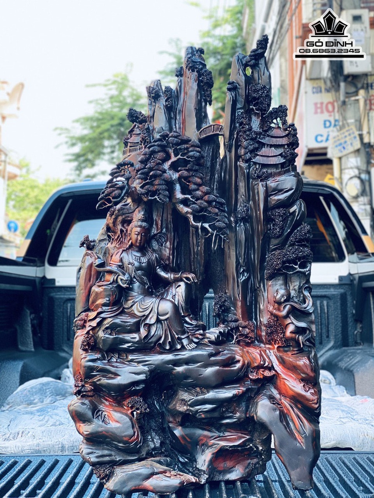 Tượng Phật Quan Âm Ngồi Tự Tại Gỗ Trắc Cao 95 Ngang 56 Sâu 32 (cm)