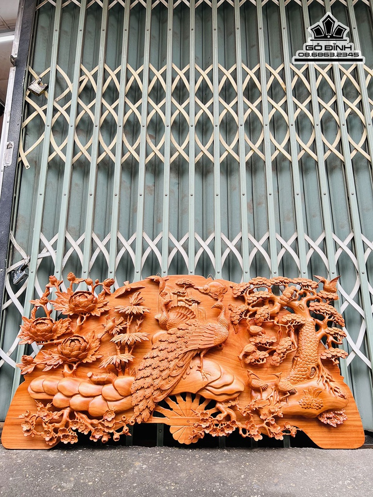 Tranh Quạt Phu Thê Viên Mãng Gỗ Hương Cao 60 Ngang 120 Dày 6 (cm)