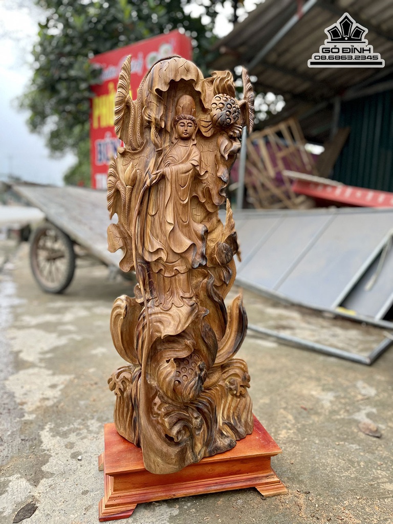 Tượng Phật Quan Âm Gỗ Bách Xanh Cao 90 Ngang 36 Sâu 20 (cm)