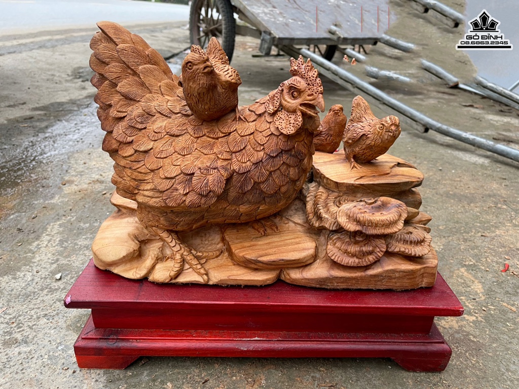 Tượng Gia Đình Gà Gỗ Ngọc Am Cao 40 Ngang 30 Sâu 27 (cm)