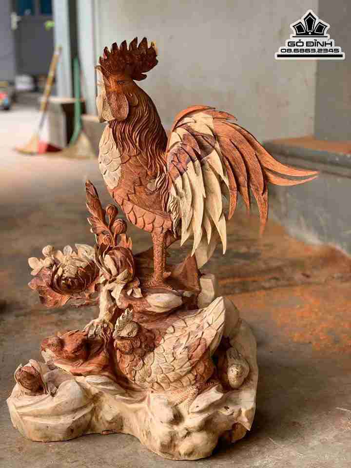 Tượng Gia Đình Gà Gỗ Hương  Cao 72 Ngang 58 Sâu 35 (cm)