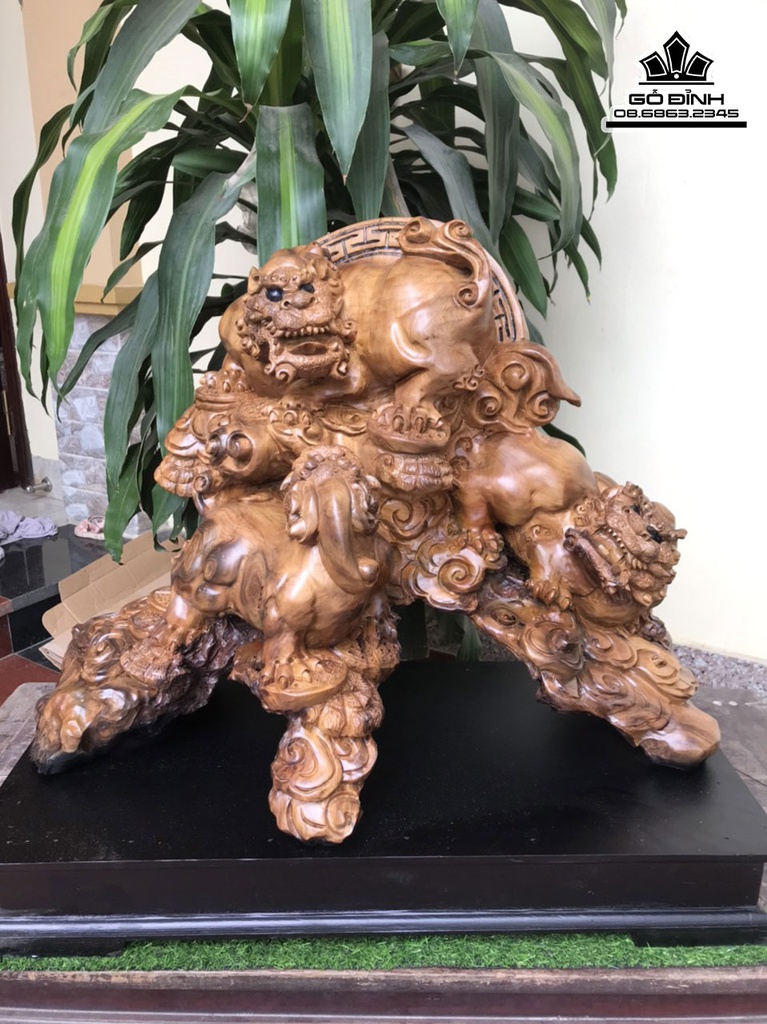 Tượng Tam Nghê Gỗ Bách Xanh Liền Khối Cao 60 Ngang 68 Sâu 33 (cm)