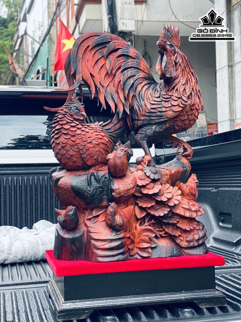 Tượng Gia Đình Gà Gỗ Trắc Liền Khối Cao 77 Ngang 45 Sâu 22 (cm)