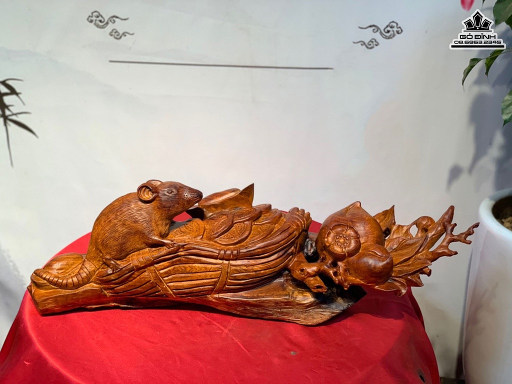 Tượng Chuột Tài Lộc Gỗ Hương Cao 20 Ngang 62 Sâu 17 (cm)