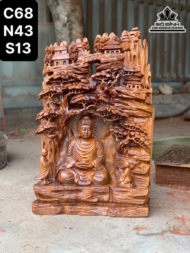 Tượng Phật A Di Đà Gỗ Ngọc Am Liền Khối Cao 68 Ngang 43 Sâu 13 (cm)